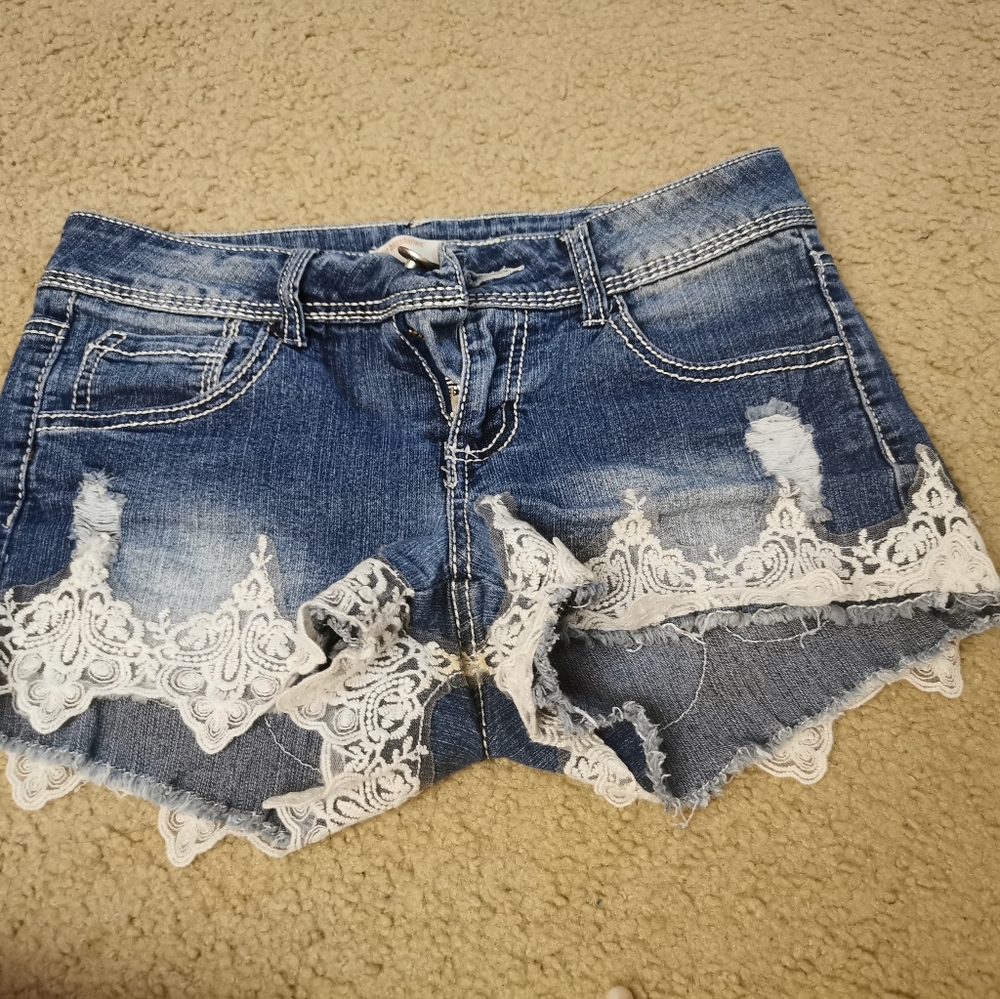 No Boundaries Denim Lace Trimmed Shorts